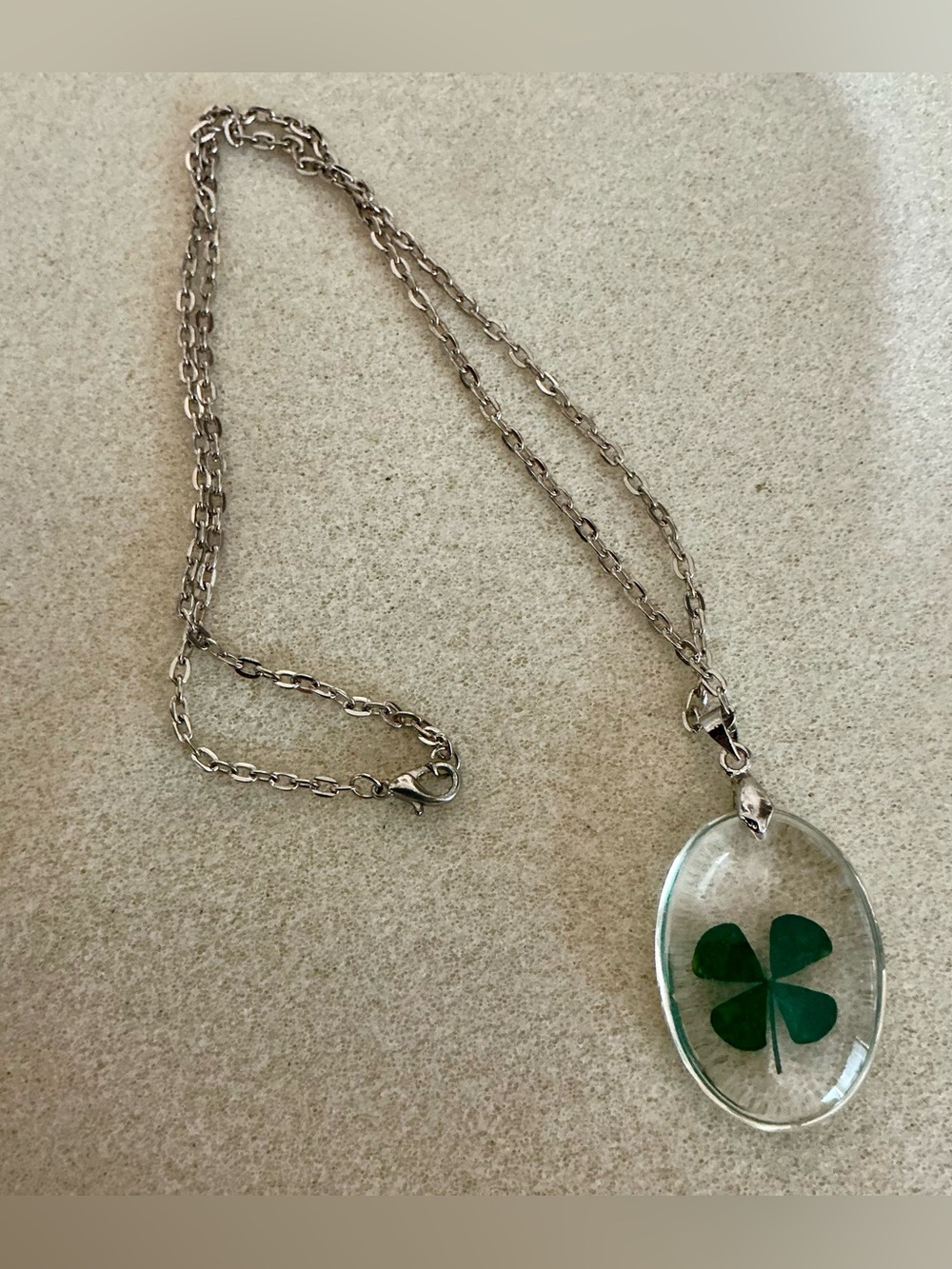 Silver Chain Necklace with Green Four-Leaf Clover Pendant, 21”
